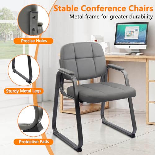 CLATINA Office Reception Guest Chair No Wheels, Leather Stationary Waiting Room Chairs with Padded Arms and Seld Base for Elderly Desk Conference Room Lobby Table Side Salon Grey 8 Pack - color: Grey-sled Base, size: 8 Pack
