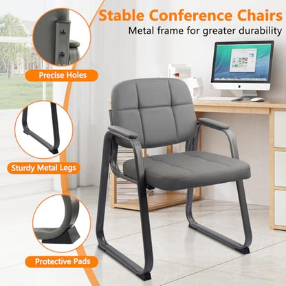 CLATINA Office Reception Guest Chair No Wheels, Leather Stationary Waiting Room Chairs with Padded Arms and Seld Base for Elderly Desk Conference Room Lobby Table Side Salon Grey 8 Pack - color: Grey-sled Base, size: 8 Pack