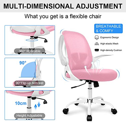 Office Chair Ergonomic Desk Chair with Flip up Armrests Swivel Breathable Desk Mesh Computer Chair with Adjustable Lumbar Support and Height for Conference Room (Pink) - color: Pink