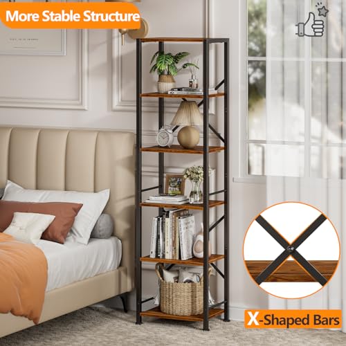 Furologee 5 Tier Book Shelf, Tall Wide Bookshelf, Industrial Open Bookcase, Display Shelves Storage Organizer, Shelving Unit for Living Room, Home Office, Bedroom, Rustic Brown | 20'' Wide Industrial Storage Shelves with X Crossbar, Shelving Units for Bed