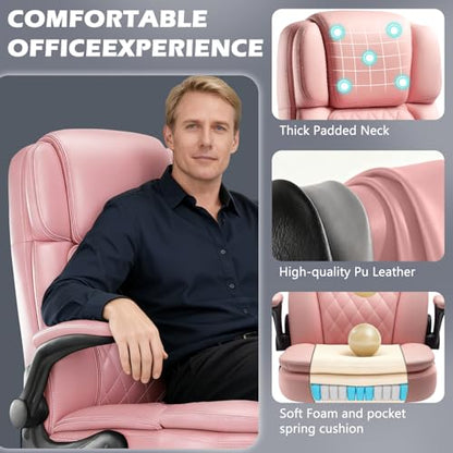 450 LBS Big and Tall Executive Office Chair with Flip up Arm, Heavy Duty Leather Computer Desk Chair,Comfortable High Back Swivel Home Office Chair with Rolling for Adults (Pink) - color: Pink