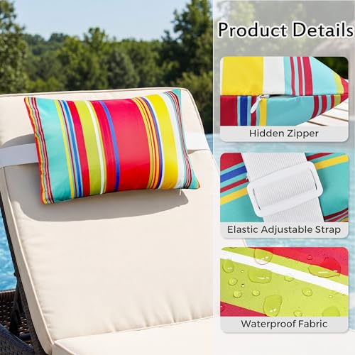 Striped Outdoor Chaise Lounge Head Pillow 11"x16" Set of 2 | Waterproof Headrest Pillows with Insert Adjustable Elastic Strap, Lounge Head Resting Pillow for Recliner Beach Patio Pool - color: Colorful Striped