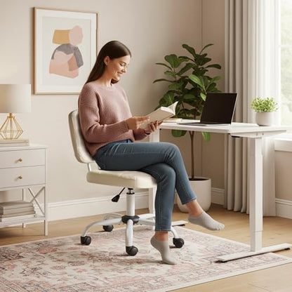 VINGLI Compact Small Desk Chair, Cute Armless Chair with Wheels, Vanity Chair with Low Back, Height Adjustable Task Chair for Small Spaces, Office, Bedroom, Make Up Room, PU Leather, White - color: White
