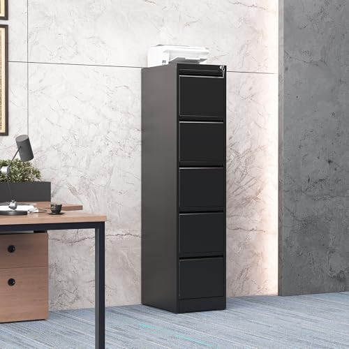 5 Drawer File Cabinet for Home Office, Vertical Filing Cabinet | Metal Lockable File Cabinet for Storage, Ideal for Legal/Letter/A4 Files, 64.2"H x 17.7"D x 15.2"W, Require Assembly, Black - color: Black, size: 64.2"H - 5 Drawer