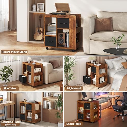 Yaheetech Narrow End Table Storage Drawer Rolling Shelves, Rustic Brown | Open Shelves | Magazine Rack | Rolling Wheels | Wooden Construction | Living Room & Bedroom - color: Rustic Brown
