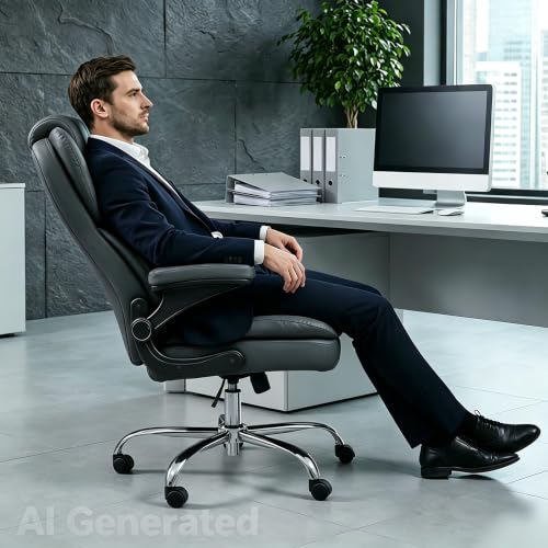 Home Office Chair with Flip-Up Arms, Leather Executive Desk Chair, Grey | Ergonomic Lumbar Support, 500 LBS Capacity, Memory Foam Seat, Adjustable Height, 360° Swivel Casters for Work Study - color: Grey