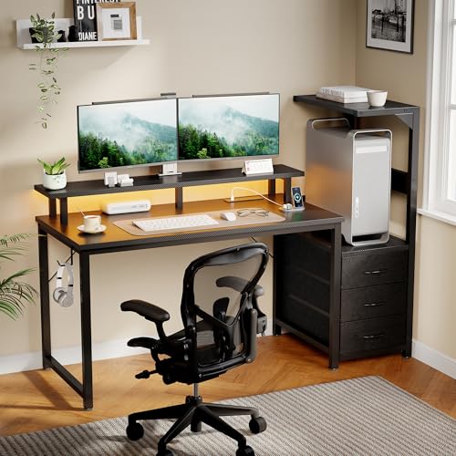 52" Reversible Gaming Desk with LED Lights Power Outlets, Black | Computer Desk with Drawers Can be Used to Store Odds and Handles, Elevated PC Stand To Help You Showcase Your DIY Cases. - color: Black, size: 53 In