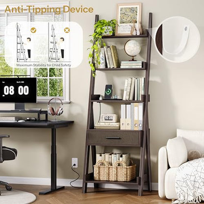 Ladder Shelf, 5 Tier Bookshelf with Fabric Drawer, Power Outlets, Espresso | 70" Industrial Leaning Bookshelf with USB Fast Charging, Wooden Book Shelf for Bedroom Living Room Home Office, Space Saving