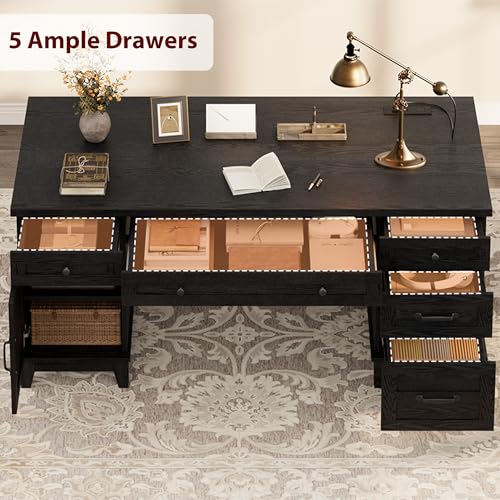 GarveeHome Farmhouse Executive Desk with File Drawers, 60 in Home Office Desk with Charging Station, Wooden Computer Desk with Cabinet Storage for Work Study Writing, Rustic Black - color: Rustic Black