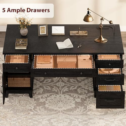 GarveeHome Farmhouse Executive Desk with File Drawers, 60 in Home Office Desk with Charging Station, Wooden Computer Desk with Cabinet Storage for Work Study Writing, Rustic Black - color: Rustic Black