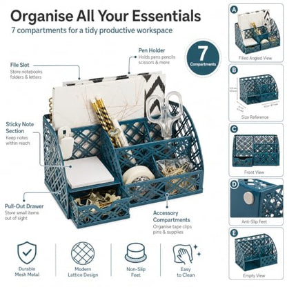 Exerz Desk Organizer Metal Mesh Caddy 7 Compartments Drawer Aegean Blue - color: F7 Aegean Blue