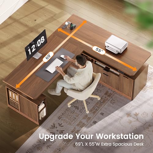 SEDETA L Shaped Electric Standing Desk, 69" x 55" Height Adjustable Office Executive Desk with 4 Drawers and Storage Shelves, Fluted Sit Stand Computer Desk with Power Outlet, Brown - color: Brown