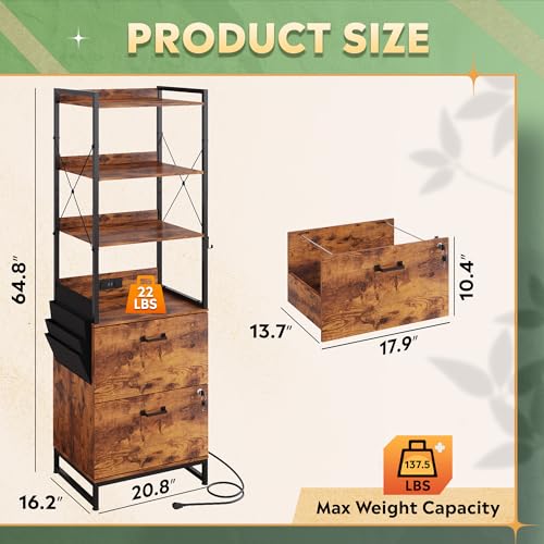 DEVAISE 2 Drawer File Cabinet with Charging Station and 4-Tier Bookshelf, Tall Filing Cabinet for Office Storage, Printer Stand fits Filing Cabinets for Home Office, Rustic Brown