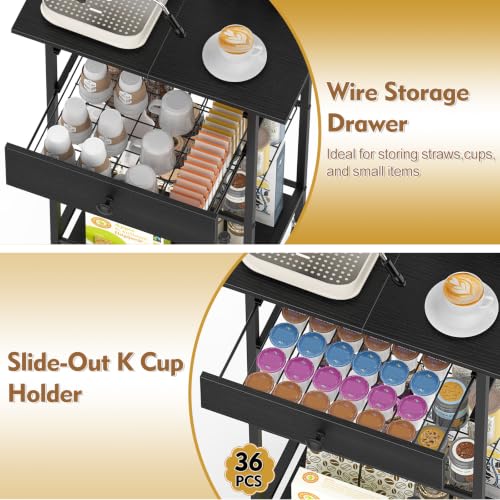 Rolling Coffee Cart,5-Tier Coffee Bar Cart with Pod Drawer Holder & Wire Storage Basket,33.6" H Small Coffee Station Cabinet with Storage,for Living Room,Dining Room,Home Office,Black - color: Black