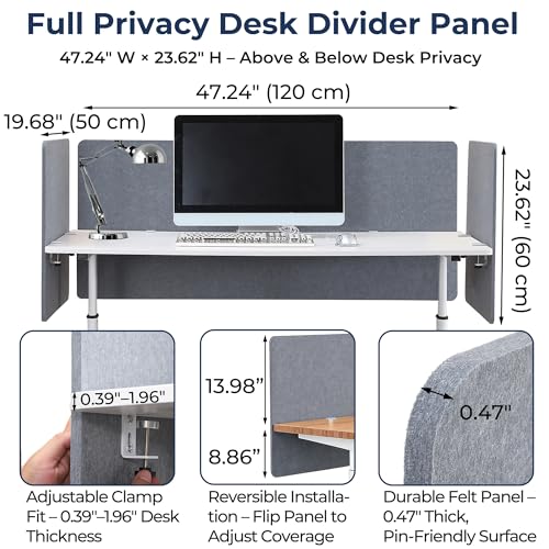 Desk Privacy Panel, Gray Clamp-On Divider for Office & Home | No-Drill Clamp Mount,Under Desk,Polyester,Cable Routing Clearance,Pin-Friendly Felt Surface,20" x 24" - size: 20"x24"
