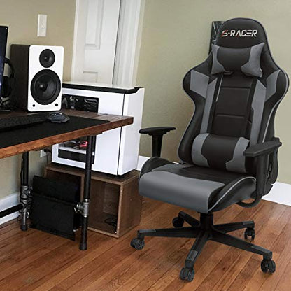 Homall Gaming Chair, Office Chair High Back Computer Chair Leather Desk Chair Racing Executive Ergonomic Adjustable Swivel Task Chair with Headrest and Lumbar Support (Grey) - color: Grey