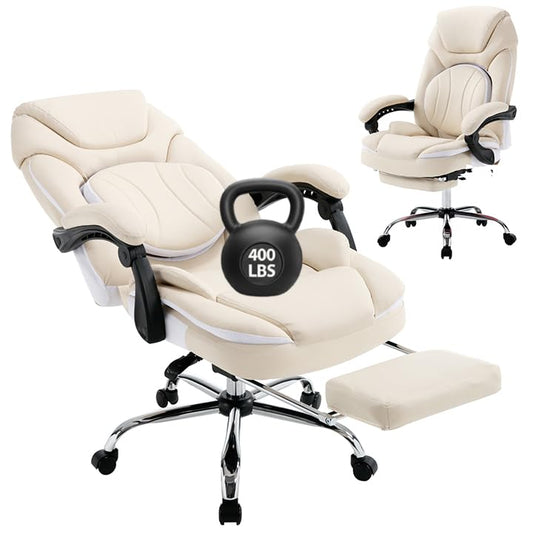 Comfortable Reclining Office Desk Chair with Foot Leg Rest, Beige | Big Tall Computer Gaming Chair, Adjustable Lumbar Back Support, Wide Seat, Heavy Duty, Wheels, Faux Leather - color: Cream Beige