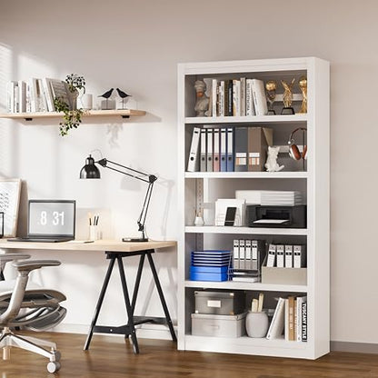 5 Tier Metal Bookcase,69'' Tall Heavy Duty Bookshelf with Open,White Large Adjustable Bookshelves,Sturdy Modern Heavy Duty Display Bookcases for Library,Office,Study Room,Living Room - color: White, size: 69" New