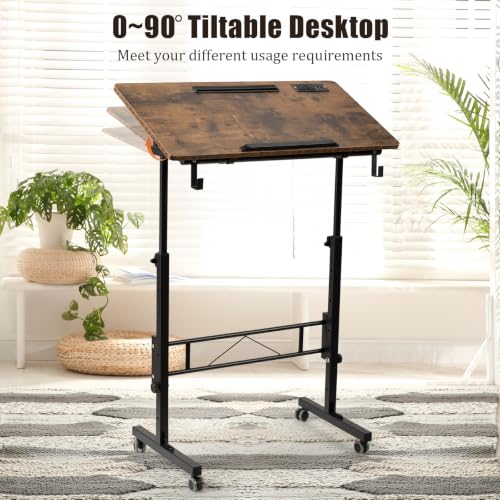 Hadulcet Small Standing Desk Height Adjustable with Tiltable Tabletop - color: Rustic Brown, size: 31.5" with Charging
