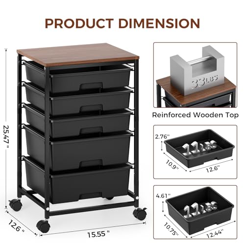 SYKIARIOL 5-Tier Rolling Cart with Drawers with Wooden Top, Black - color: Black