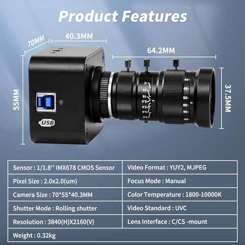 MOKOSE USB Camera 4K, USB3.0 Manual Focus Webcam with C-Mount 10-55mm Telephoto Zoom Lens, IMX678 1/1.8" 8MP Sensor Support YUY2,Web Camera for Desktop Computer Laptop - size: With 10-55MM Telephoto Varifocal Manual Lens