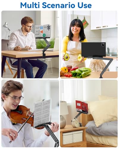Desk Clamp Acrylic Book Stand for Reading, Ergonomic Design Adjustable Height up to 20 inches with Rotating Bases Cookbook Stand, Suitable for Recipe, Sheet Music, Tablet(Gray)