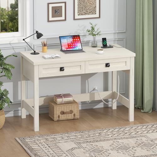 39 Inch Farmhouse Small Computer Desk with Drawers for Bedroom, Home Office - color: White
