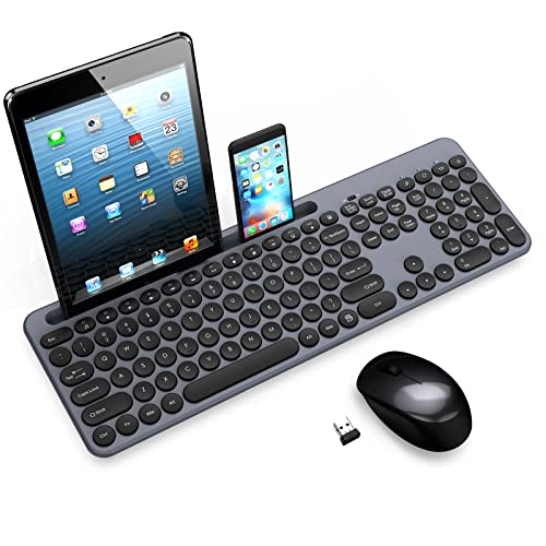 LeadsaiL Wireless Keyboard and Mouse Combo, Full-Sized Ergonomic Computer Keyboard with Phone Tablet Holder, 2.4GHz Silent Cordless Keyboard Mouse Set for Windows Laptop, PC, Desktop - Grey - color: Gray