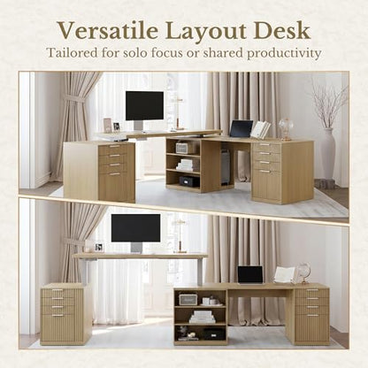 L Shaped Electric Standing Desk, 81'' x 68" Executive Height Adjustable Desk with Drawers and File Cabinet, AC/USB, Fluted Computer Desk with Storage Shelves for Home Office, Light Walnut - color: Light Walnut
