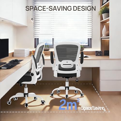 Mimoglad Ergonomic Office Chair - Desk Chair with Flip-up Armrests & 135° Recline, Adjustable Lumbar Support - Space-Saving Task Chair for Business/Team Office & Home (White Frame-Black, 300lbs) - color: White Frame-black