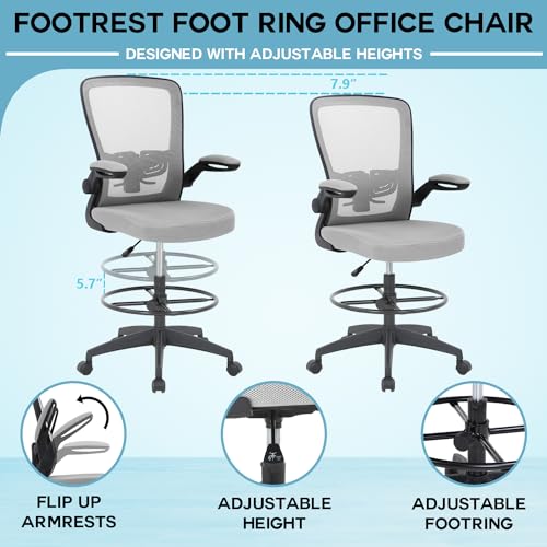 PayLessHere Ergonomic Drafting Chair Tall Office Chair High Adjustable Standing Desk Chair with Lumbar Support Mesh Back Footrest Flip-Up Arms for Office Computer Desk Standing Desk, Grey - color: Grey
