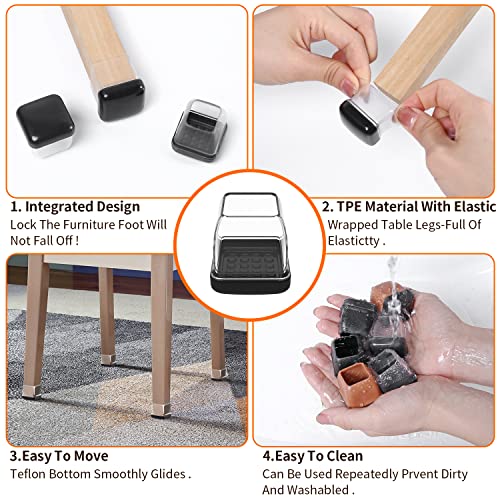 Ezprotekt Chair Leg Sliders for Carpet, 24 Pcs Square Chair Glides for Carpet, Carpet Furniture Pads Stool Leg Protectors Caps, Carpet Furniture Glides Quickly and Easily (M Fit: 0.75" - 1") - size: M-Clear