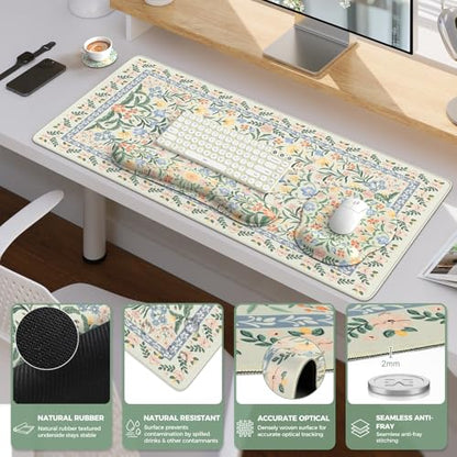 iCasso Green Desk Pad Mat, Large Mouse Pad and Keyboard Wrist Rest Set, Desk Protector Mat,4in1 Ergonomic Carpal Tunnel Keyboard Pad with Wrist Support for Desktop Cover Home Office Computer - color: Green Vine Flowers