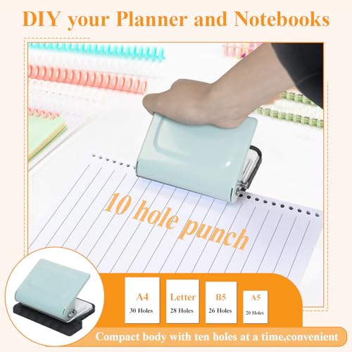 10 Hole Punch Binding Machine for Planners with 10 Multi-Color Binder Rings | 30 Holes on A4, 20 Holes on A5, 26 Holes on B5, 10 Sheet Capacity (Pale Blue) - color: Pale Blue