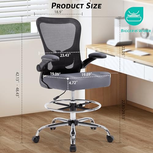500LBS Ergonomic Drafting Chair Tall Office Chair for Counter Height or Standing Desk, Executive High Office Chairs with W-Shaped Thick Seat Cushion, Footrest Ring & Breathable Fabric, Dark Grey - color: Black Frame Dark Grey Fabric
