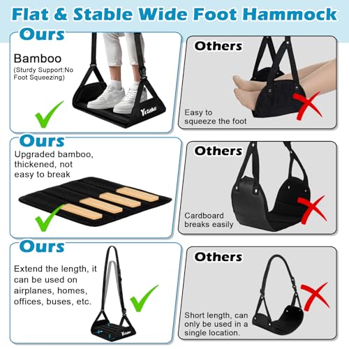 Yotako Airplane Foot Hammock-Removable Wide Bamboo Airplane Foot Rest with Extended Adjustment Strap, Desk Foot Hammock to Relax Your Feet Foot Sling Travel Essentials with Storage Pouch, Black