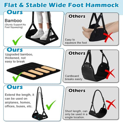 Yotako Airplane Foot Hammock-Removable Wide Bamboo Airplane Foot Rest with Extended Adjustment Strap, Desk Foot Hammock to Relax Your Feet Foot Sling Travel Essentials with Storage Pouch, Black