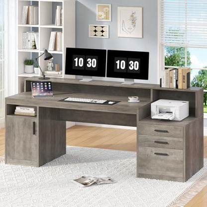 YOMILUVE 65" Computer Desk with 3 Drawers & Printer Shelf for Home Office - color: Grey
