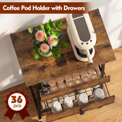 ETELI Coffee Cart Station with Lockable Wheels and Coffee Pod Storage | 5 Tier Coffee Bar Cart with 2 Drawers and Wire Mesh Storage for Kitchen Living Room Office Coffee Nook, Rustic Brown