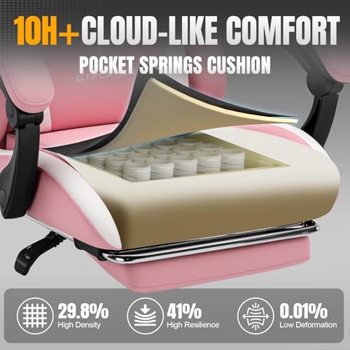 GTPLAYER Gaming Chair with Foot Rest & Pocket Spring Cushion, Ergonomic High Back Computer Chair with Headrest & 360°-Swivel Seat for Home Office Desk, PU Leather, Pink - color: Pink, size: Faux Leather