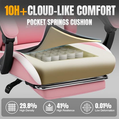 GTPLAYER Gaming Chair with Foot Rest & Pocket Spring Cushion, Ergonomic High Back Computer Chair with Headrest & 360°-Swivel Seat for Home Office Desk, PU Leather, Pink - color: Pink, size: Faux Leather