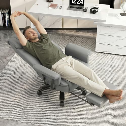 GYI Criss Cross Chair with Wheels, 160°Big and Tall Reclining Office Desk Chair with High Back, Wide Seat, Arms, Footrest, Grey