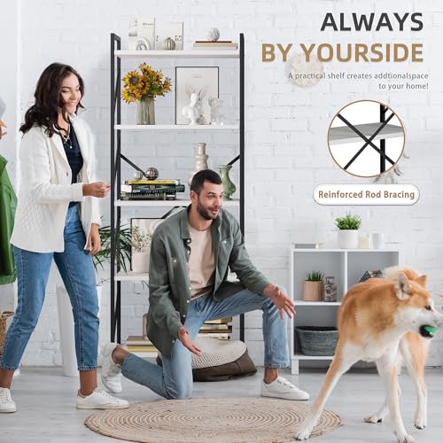 Vongrasig 5 Tier Metal Bookshelf, Narrow Industrial Bookcase, White - color: White