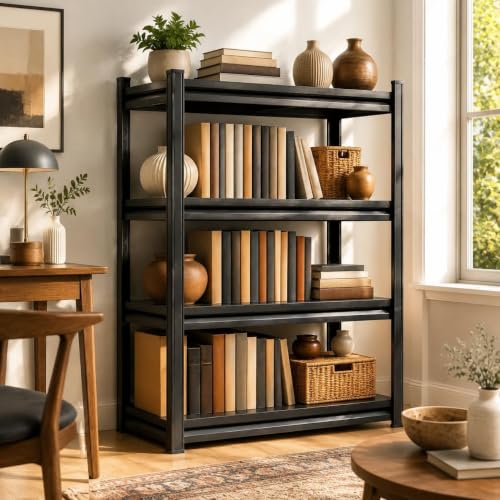 Heavy Duty 4 Tier Metal Book Shelf Adjustable Bookcase | 2400 LBS Bolt-free Storage Shelves with Deep Bookshelf for living Room, Office and Garage Storage, 14"Wx 12"Dx 45"H - size: Enhanced 4 Tier-14"Wx 12"Dx 45"H