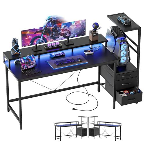 Mericonia 52 inch Gaming Desk with Drawers, Reversible Computer Desk, Black - color: Black, size: 52*20