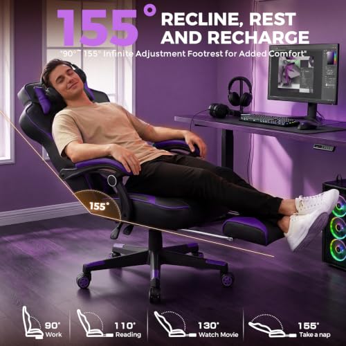 GTPLAYER Gaming Chair with Footrest, 350LBS Big and Tall Office Chair, Ergonomic High Back Lumbar Support and Recliner for Back Pain Relief, Purple - color: Ergo-purple