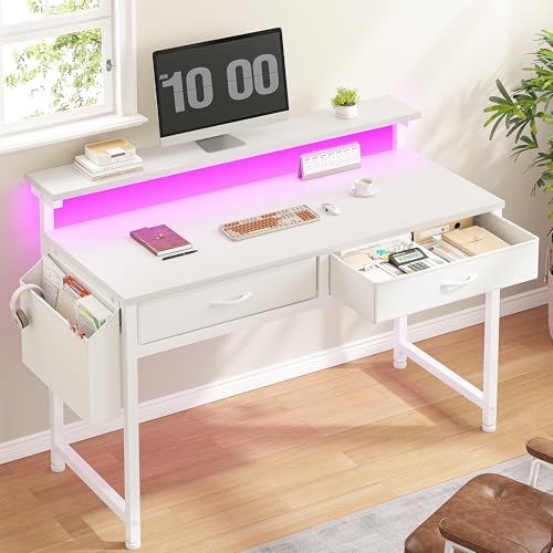DurayLoly 39.4”Computer Desk with 2Drawers & LED Lights,Space Saving,White | Home Office Desks with Side Pocket and Monitor Stand,Gaming Desk with Headphone Hook,Study Writing Table with Anti-Tip Design - color: White, size: 39.4 Inch