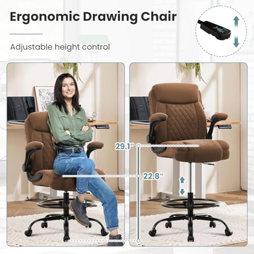 MAHOMICO Drafting Chair for Standing Desk – Tall Office Chair with Adjustable Height & Foot Ring, Flip-Up Arms, Lumbar Support – Comfortable Fabric Seat, Ideal Home Desk Chair - color: Brown