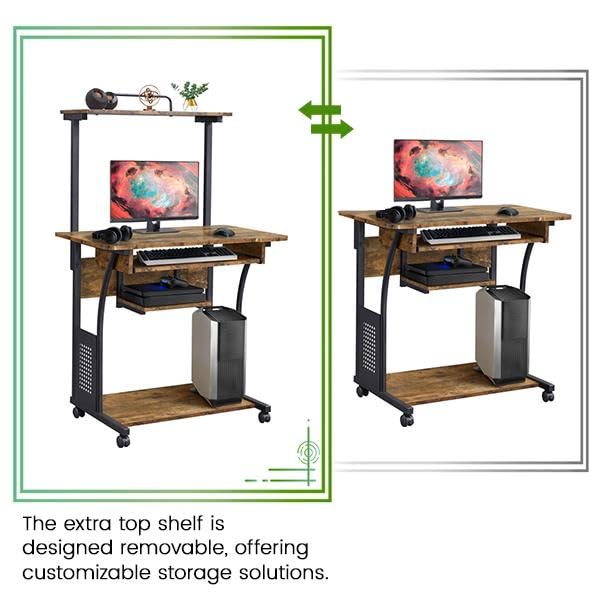 Yaheetech Small Rolling Computer Desk with Hutch and Shelves, Rustic Brown | Particle board and metal, with keyboard tray, hutch, and shelf for a monitor and tower in tight spaces, gliding on casters. - color: Rustic Brown