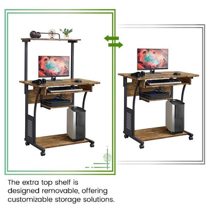 Yaheetech Small Rolling Computer Desk with Hutch and Shelves, Rustic Brown | Particle board and metal, with keyboard tray, hutch, and shelf for a monitor and tower in tight spaces, gliding on casters. - color: Rustic Brown
